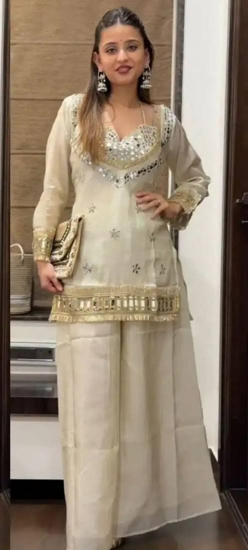 Women's white chinon embroidered kurta set with dupatta and palazzo- ethnic party wear