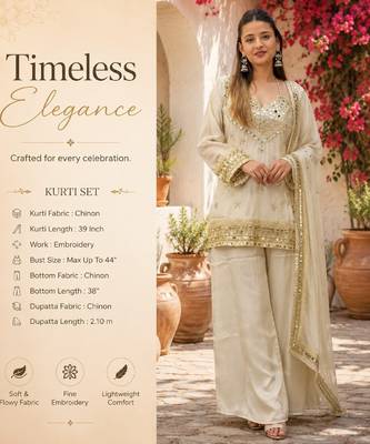 Women's white chinon embroidered kurta set with dupatta and palazzo- ethnic party wear 2