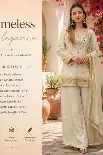 Women's white chinon embroidered kurta set with dupatta and palazzo- ethnic party wear