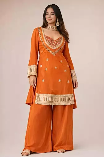 Women's rust chinon embroidered kurta set with dupatta and palazzo- ethnic party wear