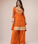 Women's rust chinon embroidered kurta set with dupatta and palazzo- ethnic party wear