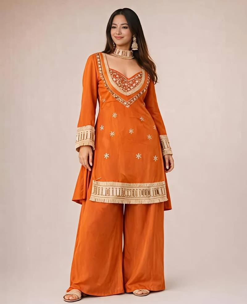 Women's rust chinon embroidered kurta set with dupatta and palazzo- ethnic party wear