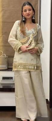 Women's white chinon embroidered kurta set with dupatta and palazzo- ethnic party wear 3