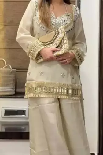 Women's white chinon embroidered kurta set with dupatta and palazzo- ethnic party wear