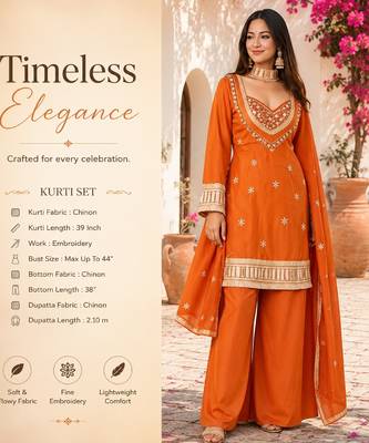 Women's rust chinon embroidered kurta set with dupatta and palazzo- ethnic party wear 2