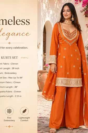 Women's rust chinon embroidered kurta set with dupatta and palazzo- ethnic party wear