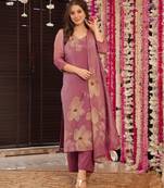 Women's pink straight silk blend floral printed kurta set with pant and dupatta