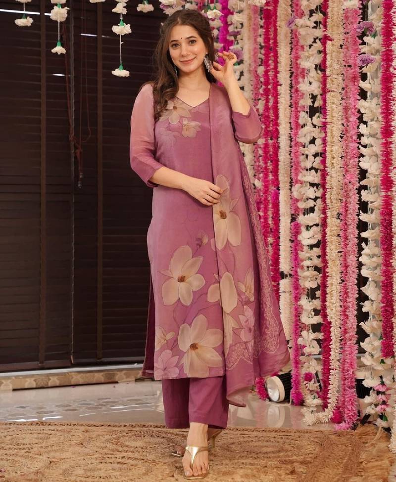 Women's pink straight silk blend floral printed kurta set with pant and dupatta