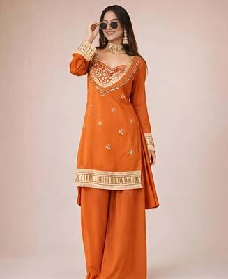 Women's rust chinon embroidered kurta set with dupatta and palazzo- ethnic party wear 3