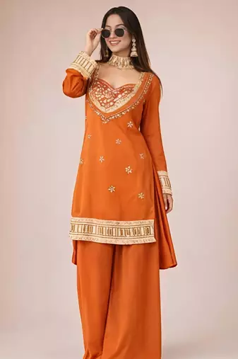 Women's rust chinon embroidered kurta set with dupatta and palazzo- ethnic party wear