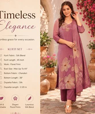 Women's pink straight silk blend floral printed kurta set with pant and dupatta 2
