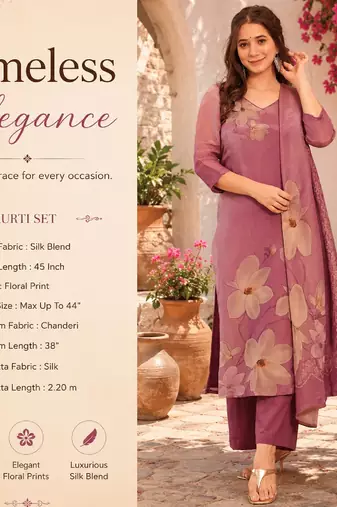 Women's pink straight silk blend floral printed kurta set with pant and dupatta