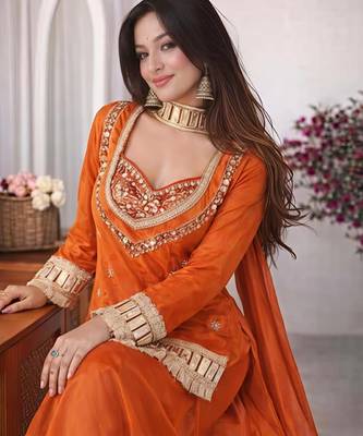 Women's rust chinon embroidered kurta set with dupatta and palazzo- ethnic party wear 4