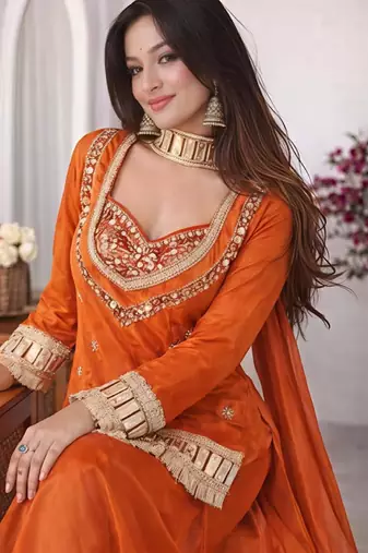 Women's rust chinon embroidered kurta set with dupatta and palazzo- ethnic party wear