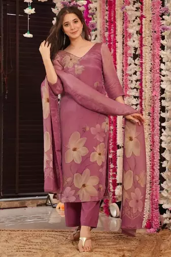 Women's pink straight silk blend floral printed kurta set with pant and dupatta