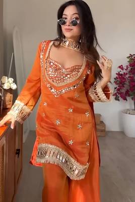 Women's rust chinon embroidered kurta set with dupatta and palazzo- ethnic party wear 5