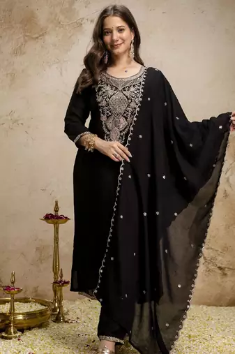 Women's black silk blend embroidered with sequins work straight kurta set for women