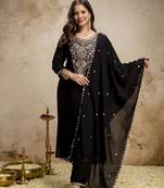 Women's black silk blend embroidered with sequins work straight kurta set for women