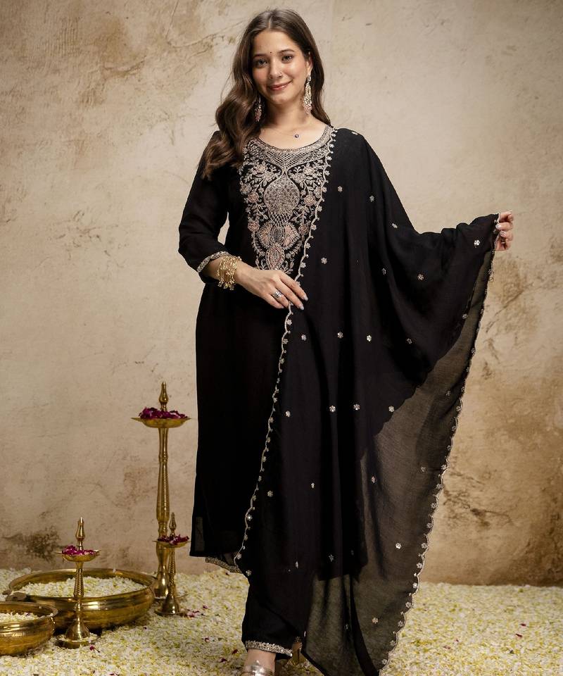 Women's black silk blend embroidered with sequins work straight kurta set for women
