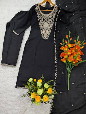 Women's black silk blend embroidered with sequins work straight kurta set for women 2