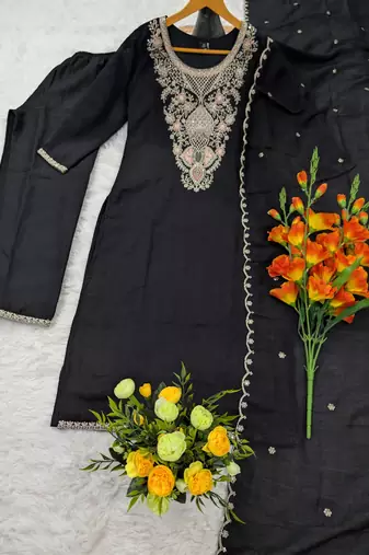 Women's black silk blend embroidered with sequins work straight kurta set for women