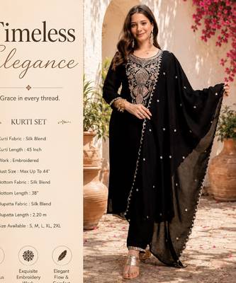 Women's black silk blend embroidered with sequins work straight kurta set for women 2