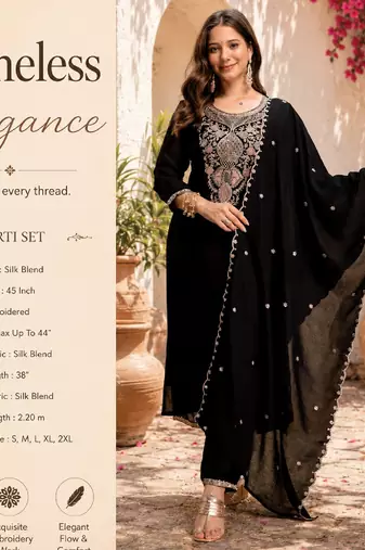Women's black silk blend embroidered with sequins work straight kurta set for women