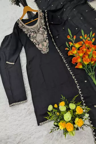 Women's black silk blend embroidered with sequins work straight kurta set for women
