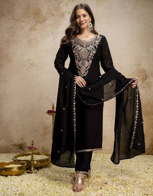 Women's black silk blend embroidered with sequins work straight kurta set for women 3
