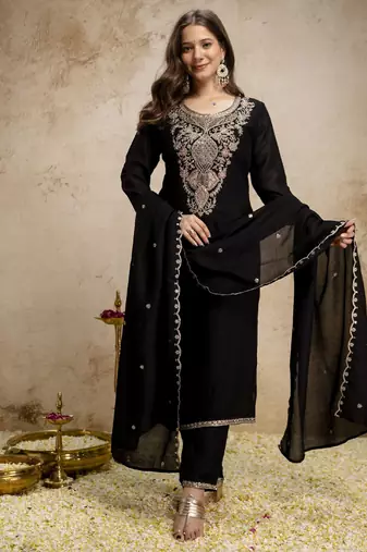Women's black silk blend embroidered with sequins work straight kurta set for women