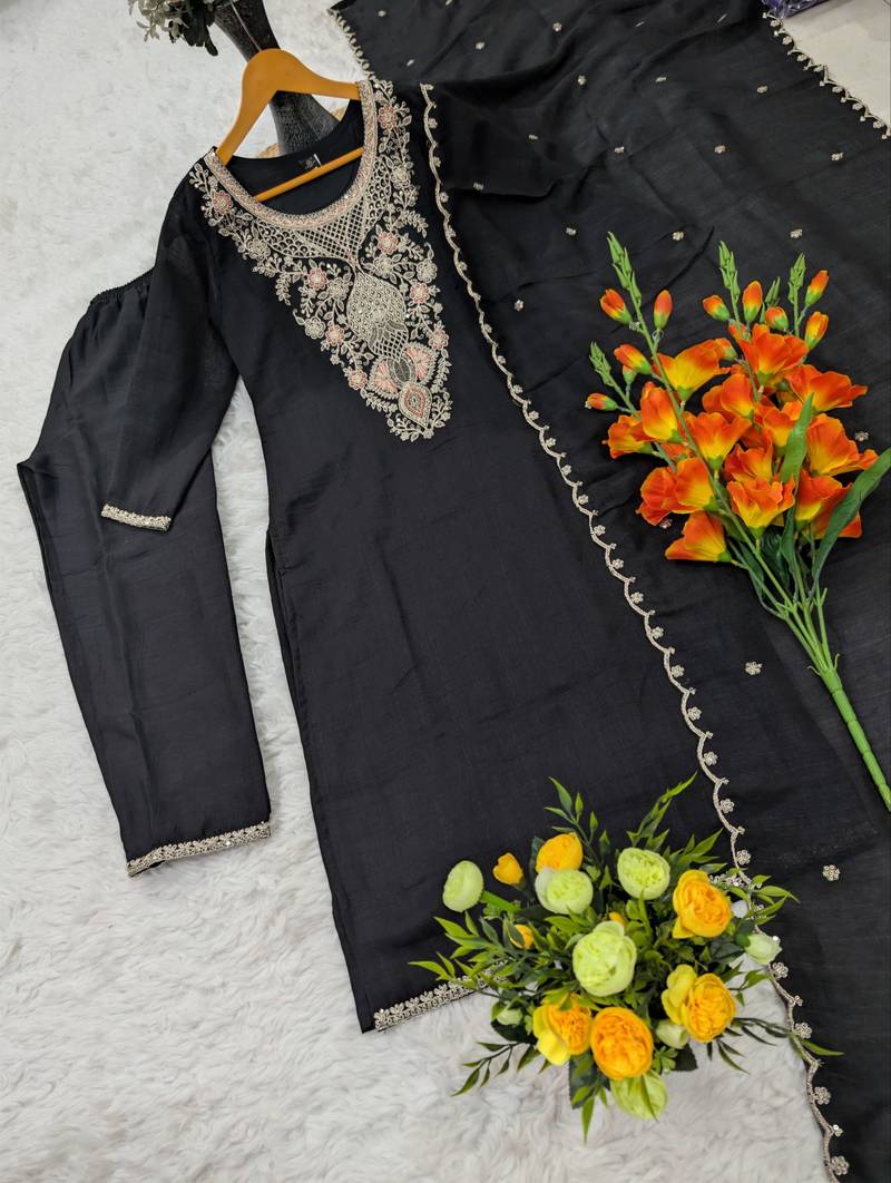 Women's black silk blend embroidered with sequins work straight kurta set for women