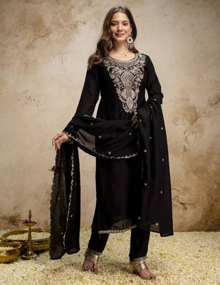Women's black silk blend embroidered with sequins work straight kurta set for women 4