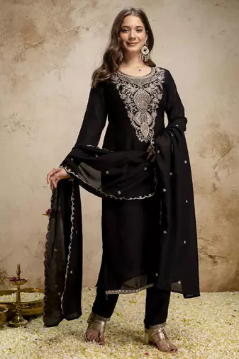 Women's black silk blend embroidered with sequins work straight kurta set for women