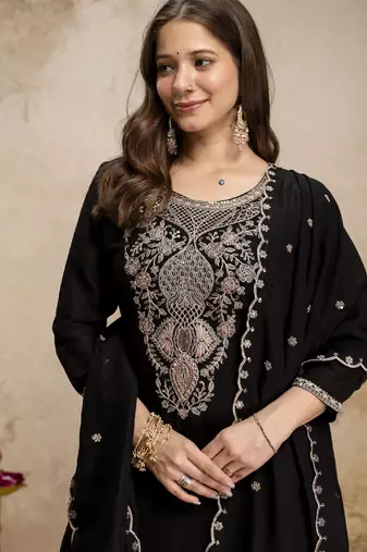 Women's black silk blend embroidered with sequins work straight kurta set for women