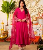 Women's pink viscose embroidered flared kurta set with dupatta and pant