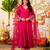 Women's pink viscose embroidered flared kurta set with dupatta and pant