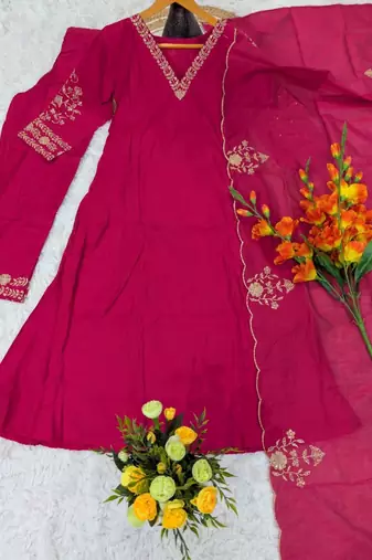 Women's pink viscose embroidered flared kurta set with dupatta and pant