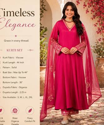 Women's pink viscose embroidered flared kurta set with dupatta and pant 2