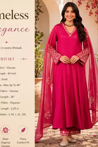 Women's pink viscose embroidered flared kurta set with dupatta and pant