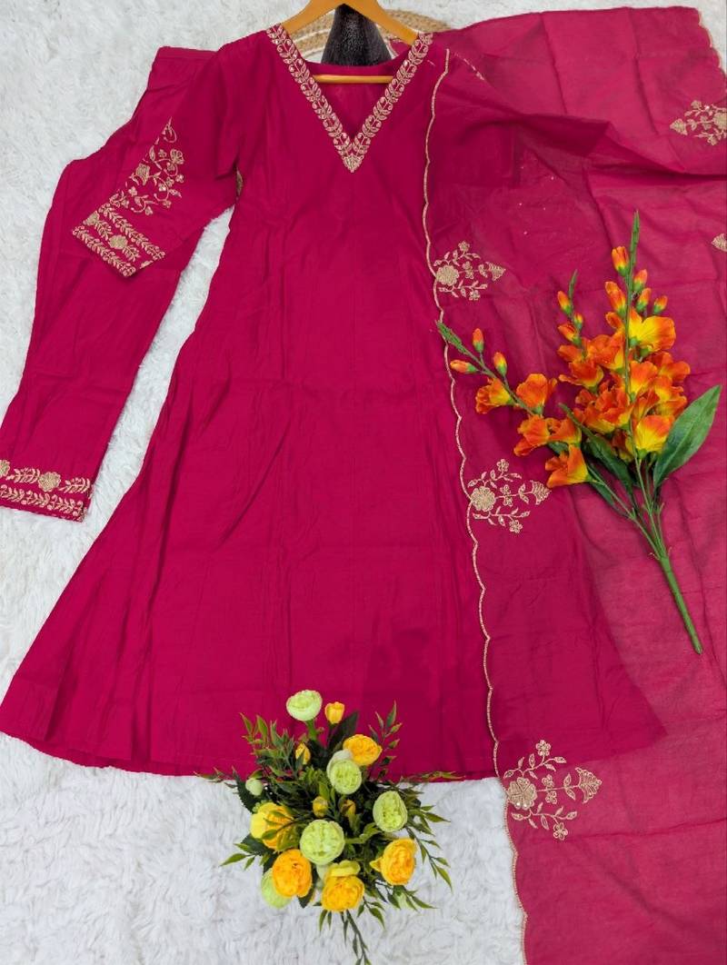 Women's pink viscose embroidered flared kurta set with dupatta and pant
