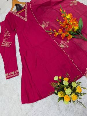 Women's pink viscose embroidered flared kurta set with dupatta and pant 3