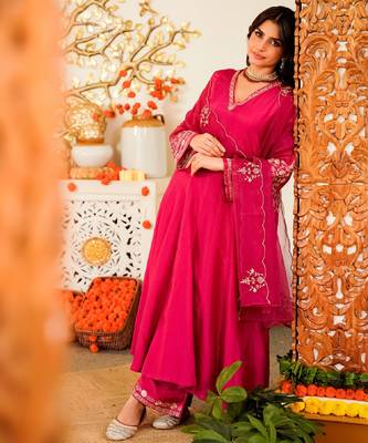 Women's pink viscose embroidered flared kurta set with dupatta and pant 4