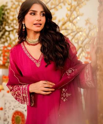 Women's pink viscose embroidered flared kurta set with dupatta and pant 5