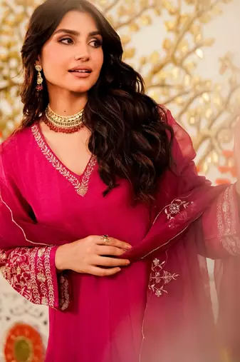 Women's pink viscose embroidered flared kurta set with dupatta and pant