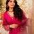 Women's pink viscose embroidered flared kurta set with dupatta and pant