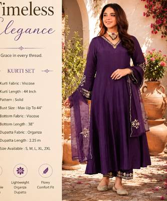 Women's wine viscose embroidered flared kurta set with dupatta and pant 2
