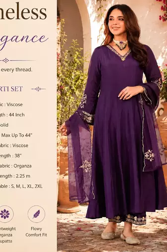 Women's wine viscose embroidered flared kurta set with dupatta and pant