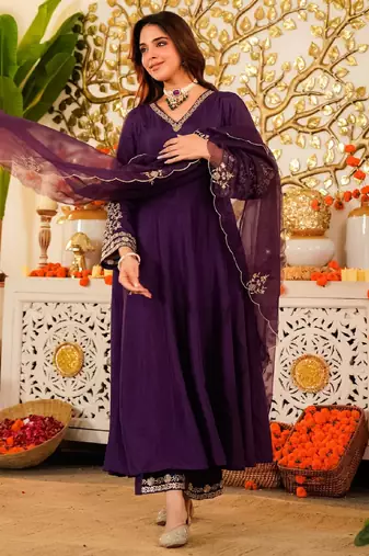 Women's wine viscose embroidered flared kurta set with dupatta and pant