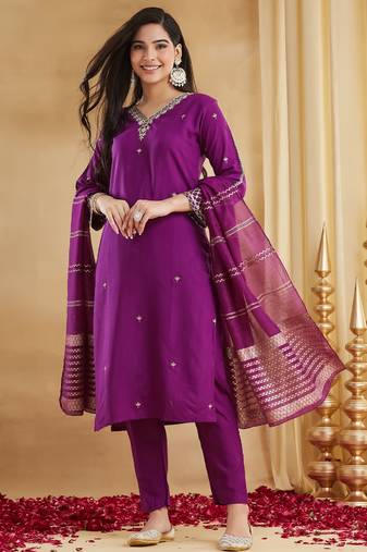 Women's purple viscose straight embroidered kurta set with pant and dupatta