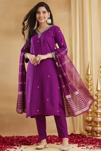 Women's purple viscose straight embroidered kurta set with pant and dupatta